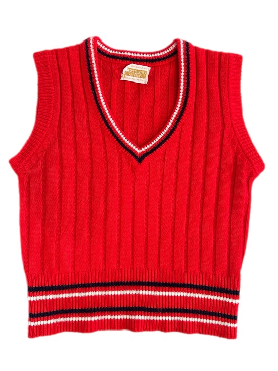 Vintage Sweaters - Vintage Finest Quality Knitwear Red Ribbed Sweater Vest V-Neck Striped Trim